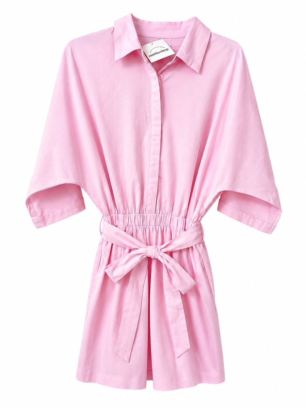 mittoshop Pink Short Sleeve linen blend Tie-Waist Romper